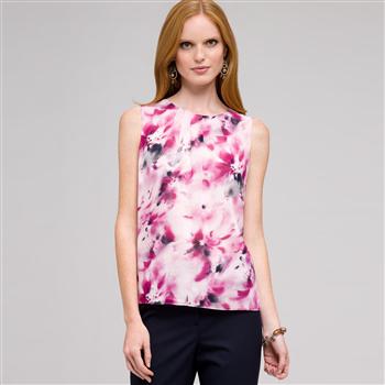 Sleeveless Pleated Floral Front Blouse, , large