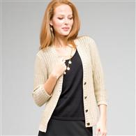 3/4 Sleeve V-Neck Cardigan, Ivory/Gold, medium