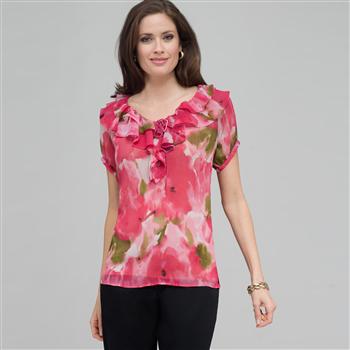 Ruffle Front Blouse., Pink Gem Combo, large