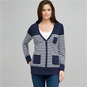 Navy and White Striped Cardigan, swiss navy & white, large