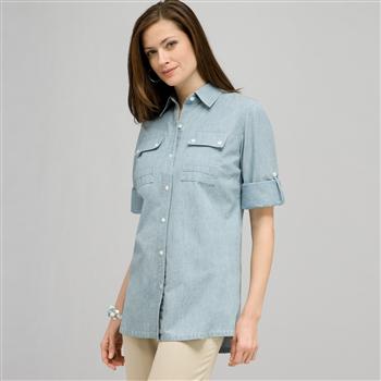 Roll Sleeve Blouse., Chambray Blue, large