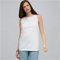 Embroidered Boat Neck Top., White, medium