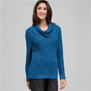 Cowl Neck Tweed Pullover Sweater, Royal Teal Multi, large