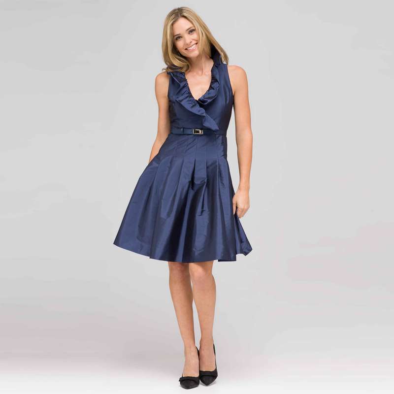 Ruffle Front A-Line Dress, Navy, large image number 0