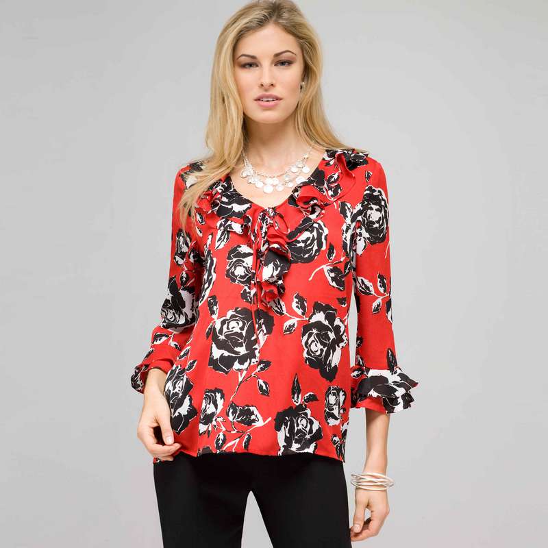 Floral Ruffle Top, Cardinal Red Multi, large image number 0