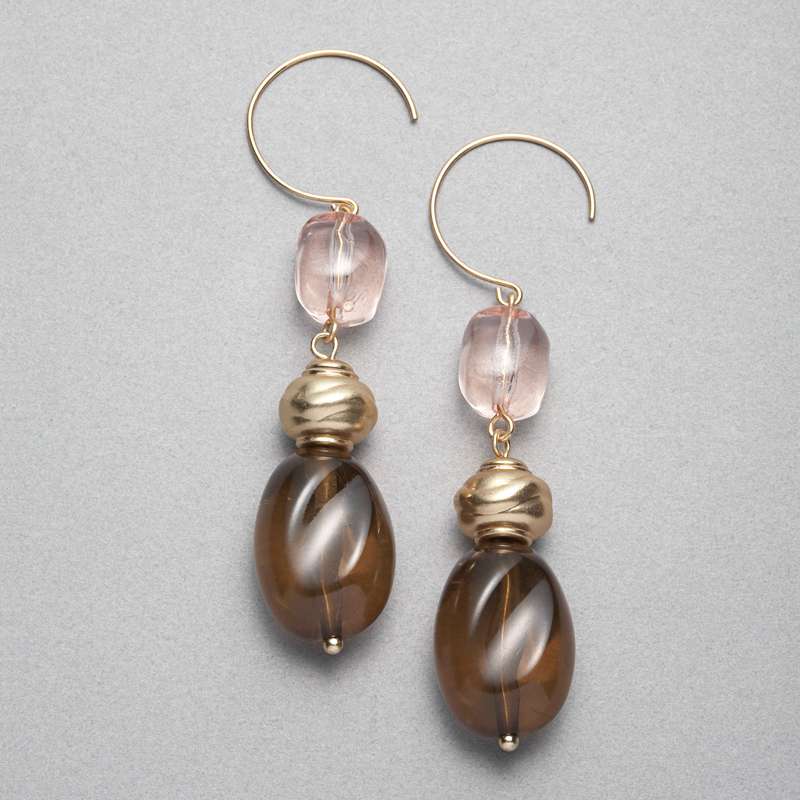 Brown and Pink Drop Earrings, Gold, large image number 0