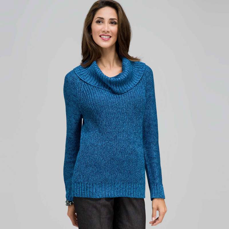 Cowl Neck Tweed Pullover Sweater, Royal Teal Multi, large image number 0